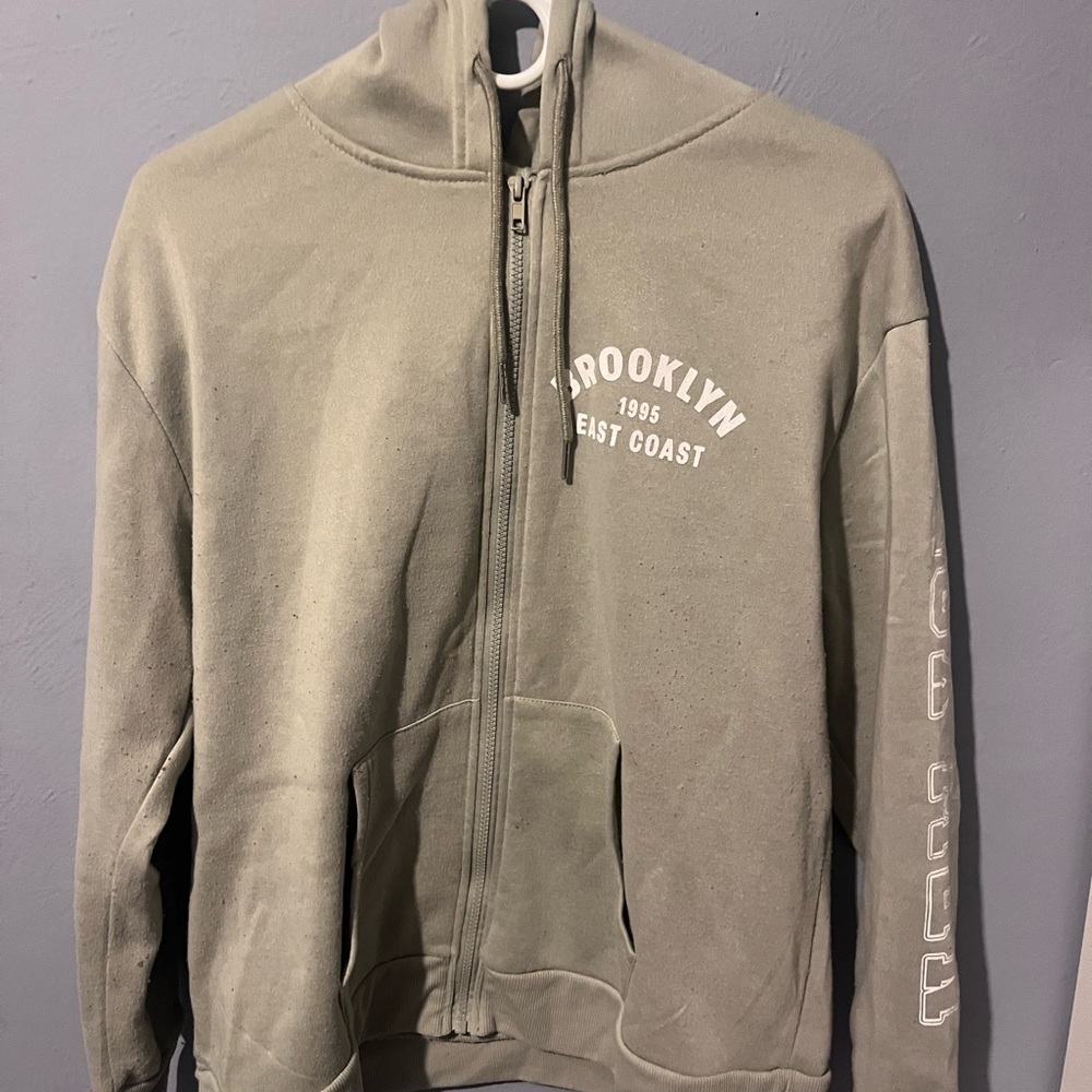 Olive Full-Zip Hoodie Sweater with Brooklyn Chest Print